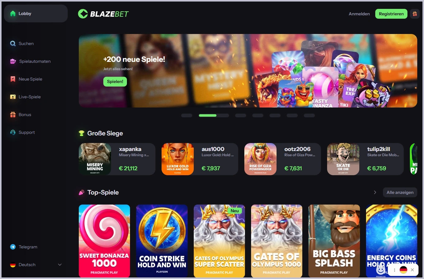 Übersicht der BlazeBet Casino-Hauptseite